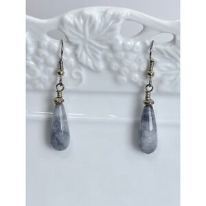 Gray Blue Polished Stone Teardrop Drop Earrings Silver-Tone Wire‎